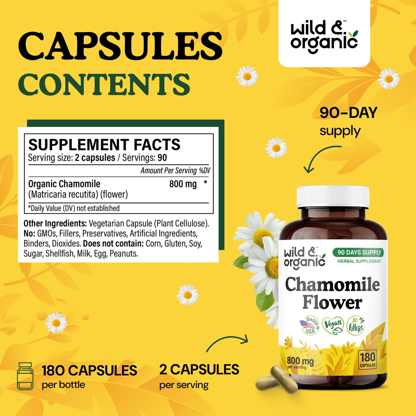 Wild & Organic Chamomile Extract Capsules 800 mg - 180 Count | Relaxation & Digestive Support