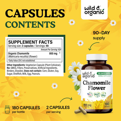Wild & Organic Chamomile Extract Capsules 800 mg - 180 Count | Relaxation & Digestive Support