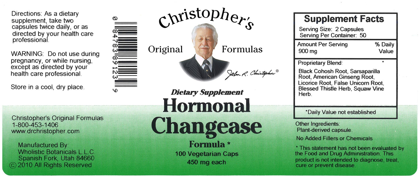 Christopher's Original Formulas Hormonal Changease Formula – 450 mg | 100 Vegetarian Capsules – Herbal Menopause Support