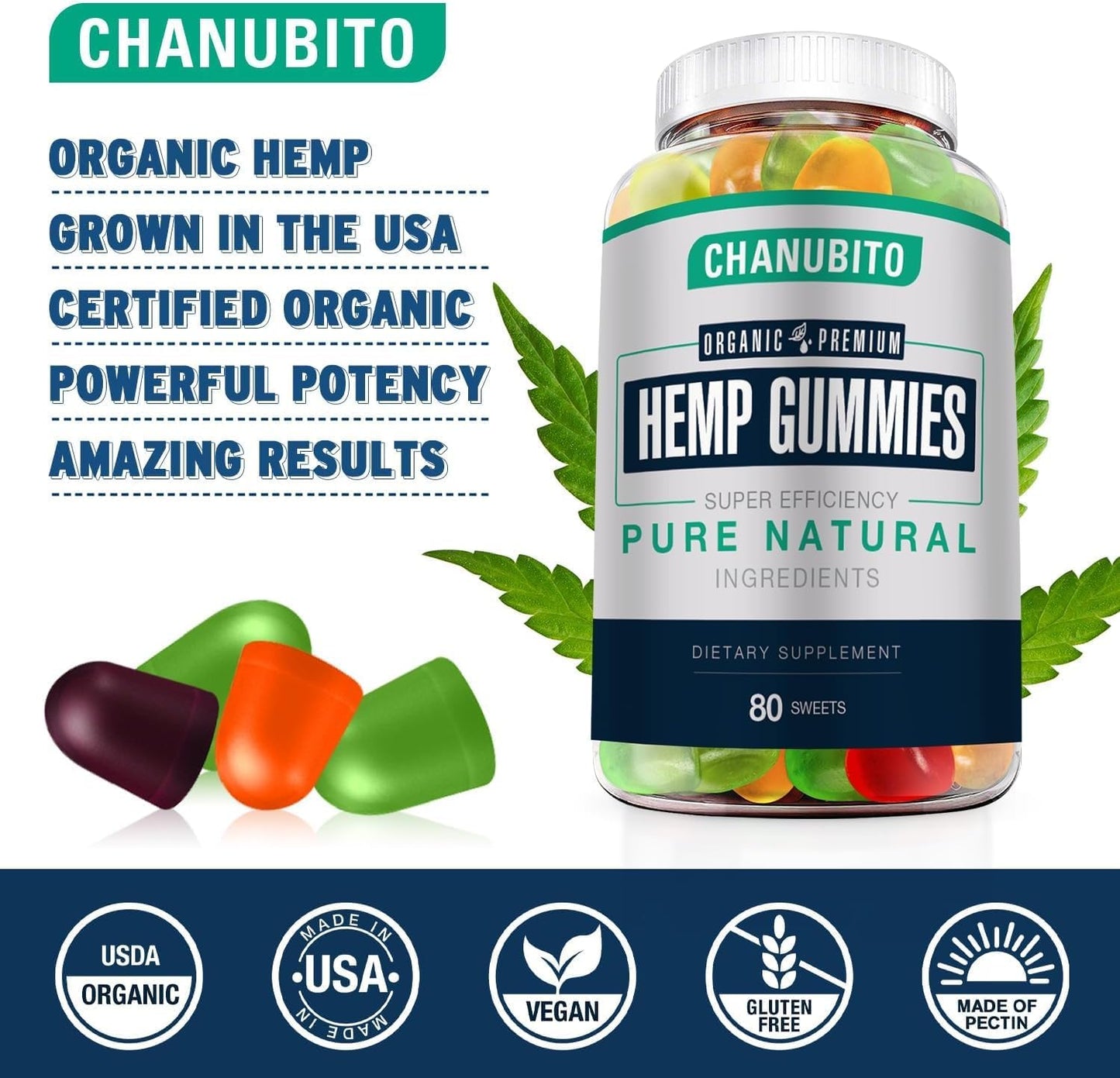 Hemp Gummies for Pain, Sleep & Anxiety - Organic, Vegan, Non-GMO