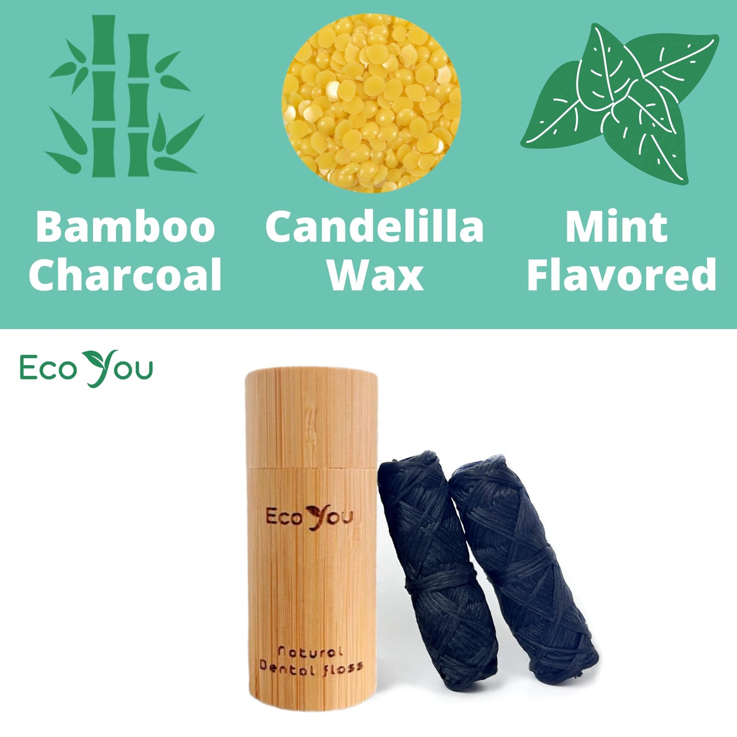 Charcoal Bamboo Floss - 2 Refills in Bamboo Container | Mint & Candelilla Wax | Vegan & Biodegradable