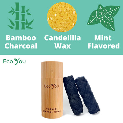Charcoal Bamboo Floss - 2 Refills in Bamboo Container | Mint & Candelilla Wax | Vegan & Biodegradable