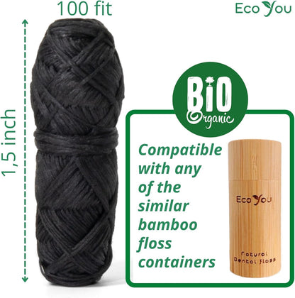 Charcoal Bamboo Floss - 2 Refills in Bamboo Container | Mint & Candelilla Wax | Vegan & Biodegradable