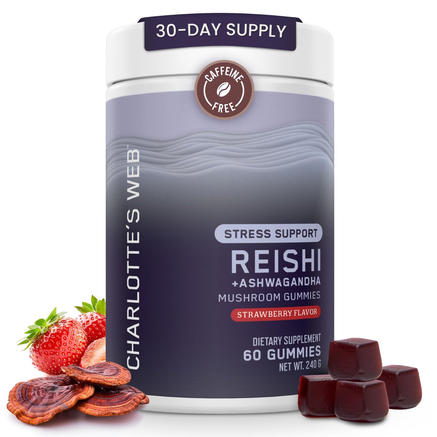 Charlotte's Web Stress Support Mushroom Gummies with Reishi, Ashwagandha & Rhodiola – Strawberry, 30 Servings