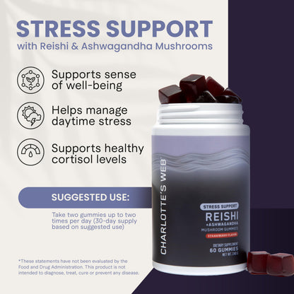 Charlotte's Web Stress Support Mushroom Gummies with Reishi, Ashwagandha & Rhodiola – Strawberry, 30 Servings