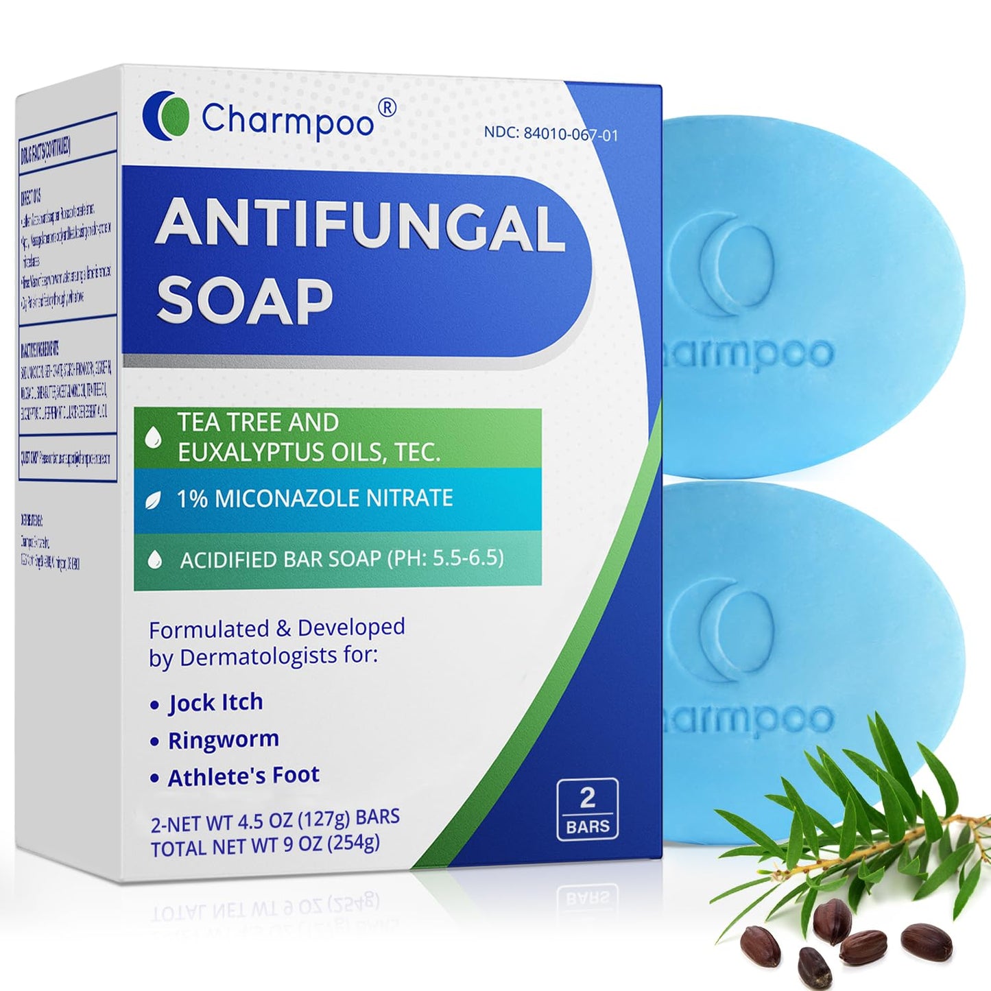 CHARMPOO Antifungal Soap with Tea Tree Oil – 2 Medicated Bars (9 oz total) for Athlete’s Foot, Ringworm & Jock Itch | Daily Skin Care for Women & Men