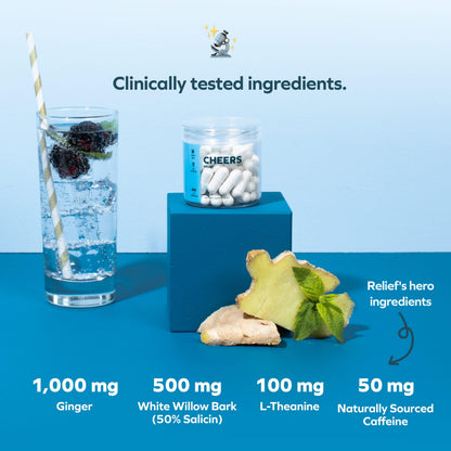Cheers Relief – Next Morning Aid with Ginger, Willow Bark, L-Theanine & Caffeine | 12 Doses
