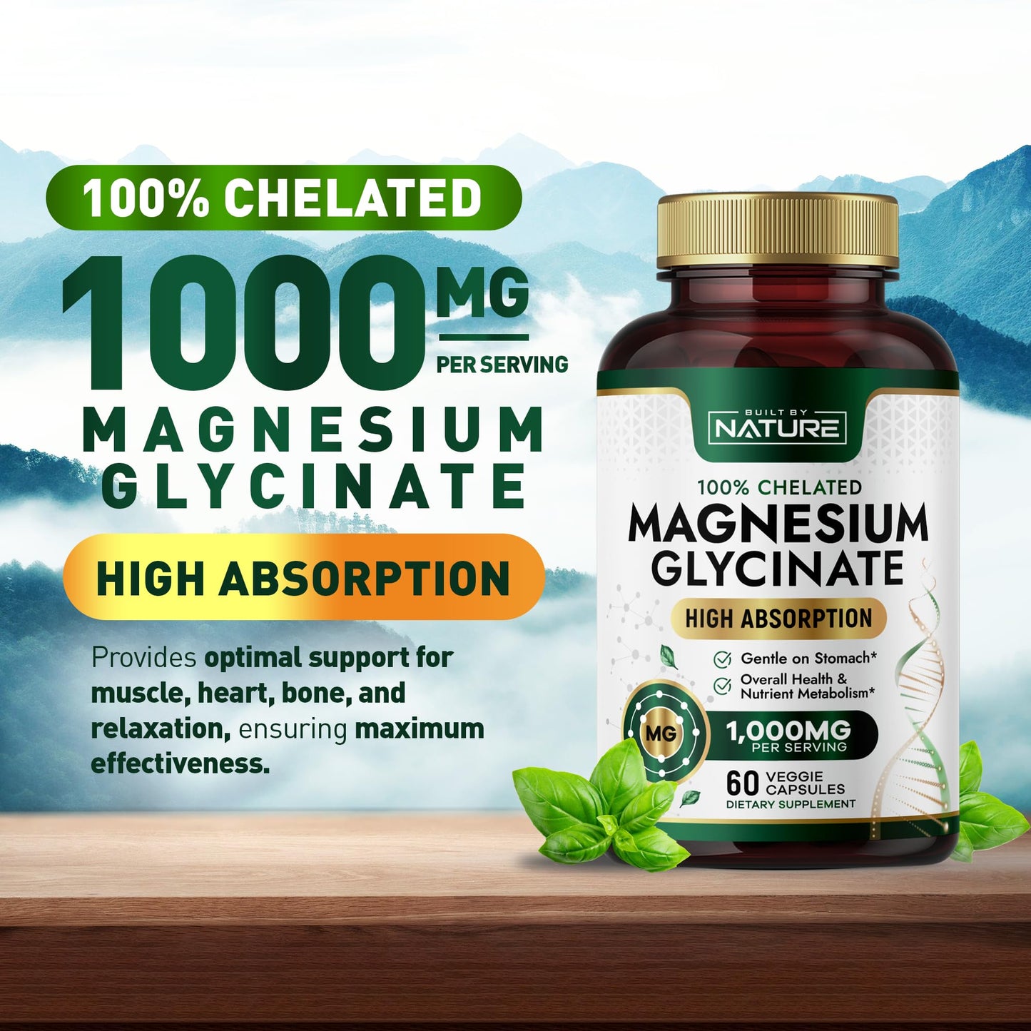 Built By Nature Magnesium Glycinate 1000mg – High Absorption, 100% Chelated, Gentle on Stomach | 60 Capsules