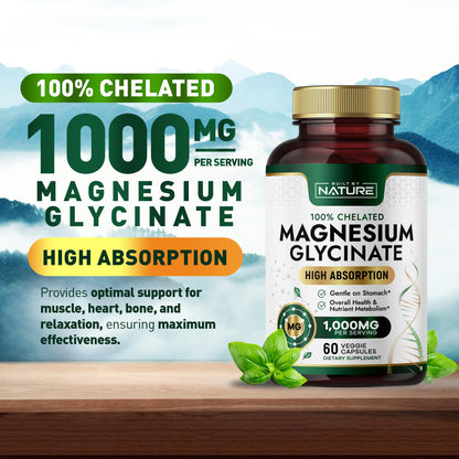 Built By Nature Magnesium Glycinate 1000mg – High Absorption, 100% Chelated, Gentle on Stomach | 60 Capsules