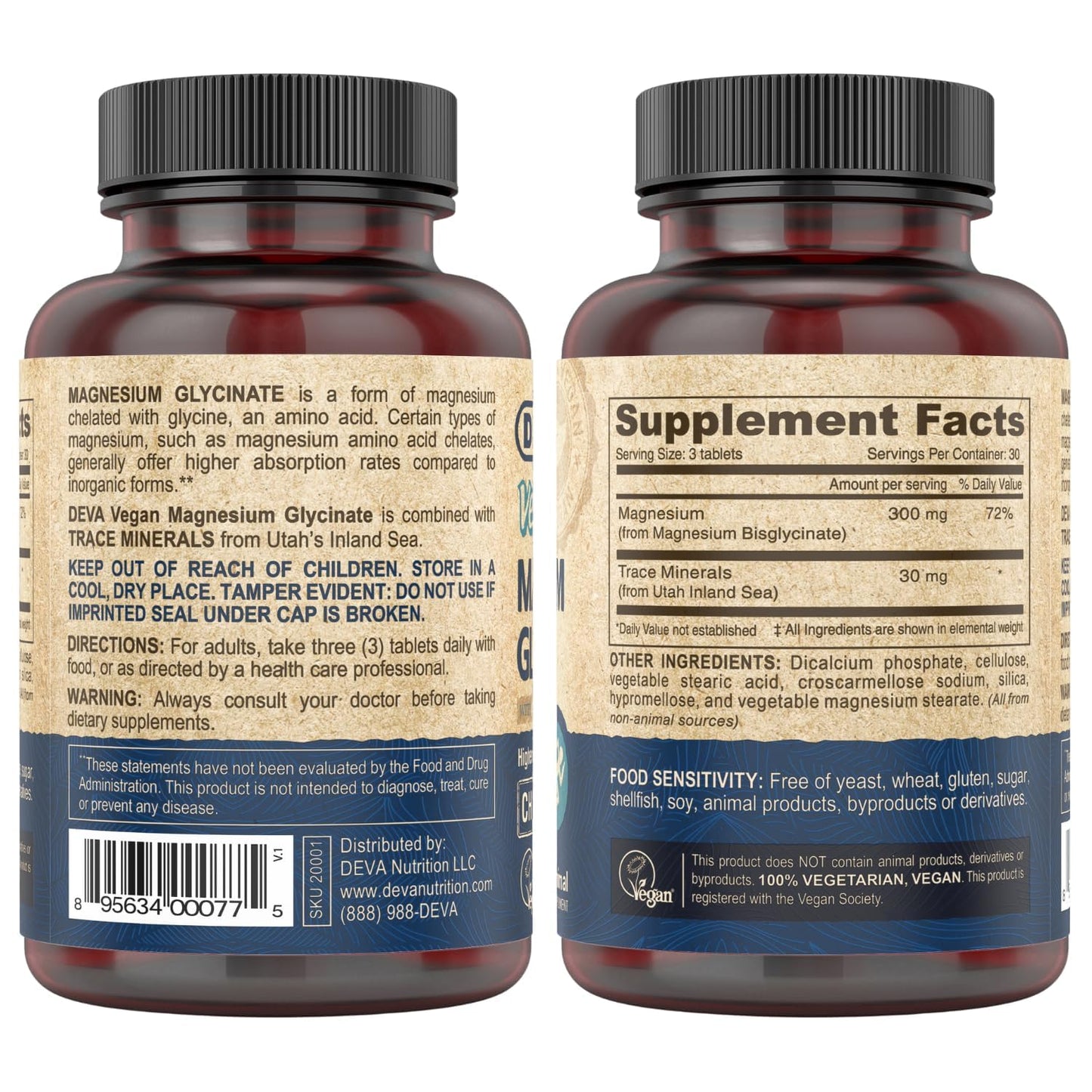 DEVA Vegan Magnesium Glycinate 300mg | Trace Minerals | 90 Tablets