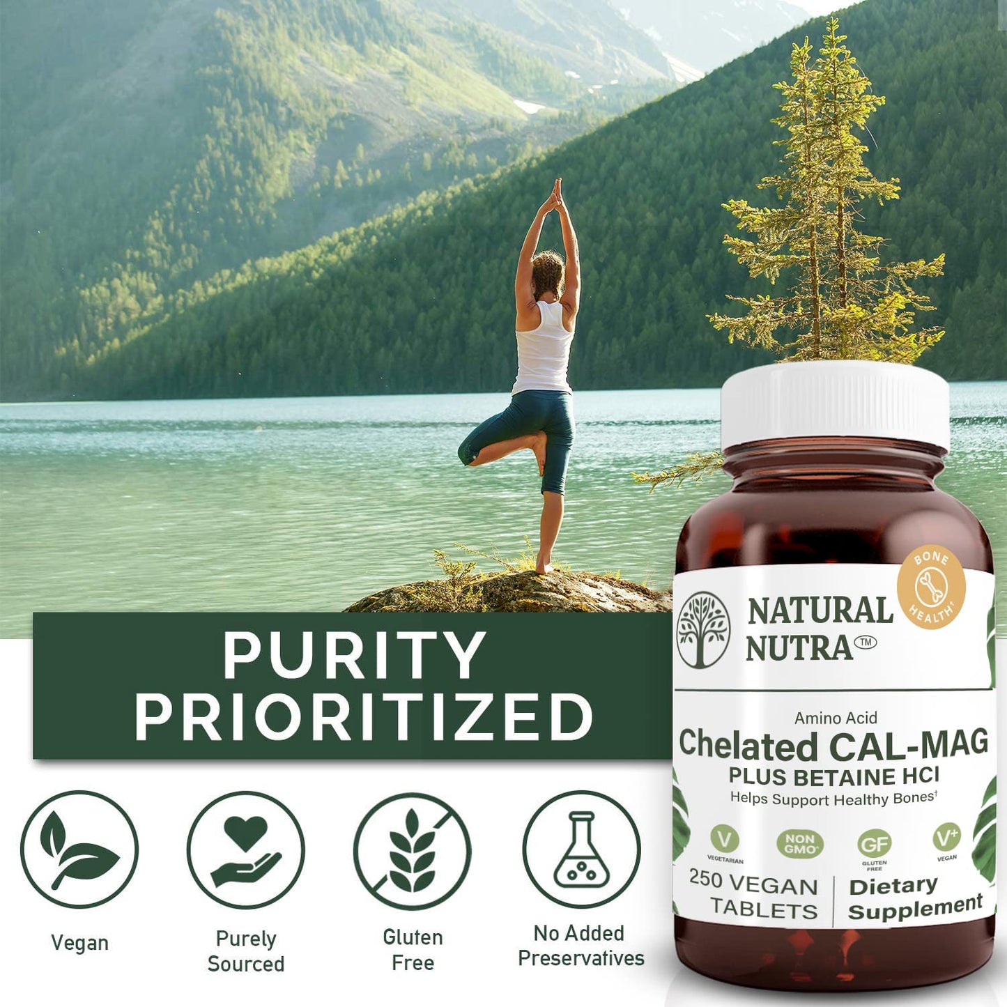 Natural Nutra Chelated Calcium Magnesium 1000/500 mg - Vegan 250 Tablets