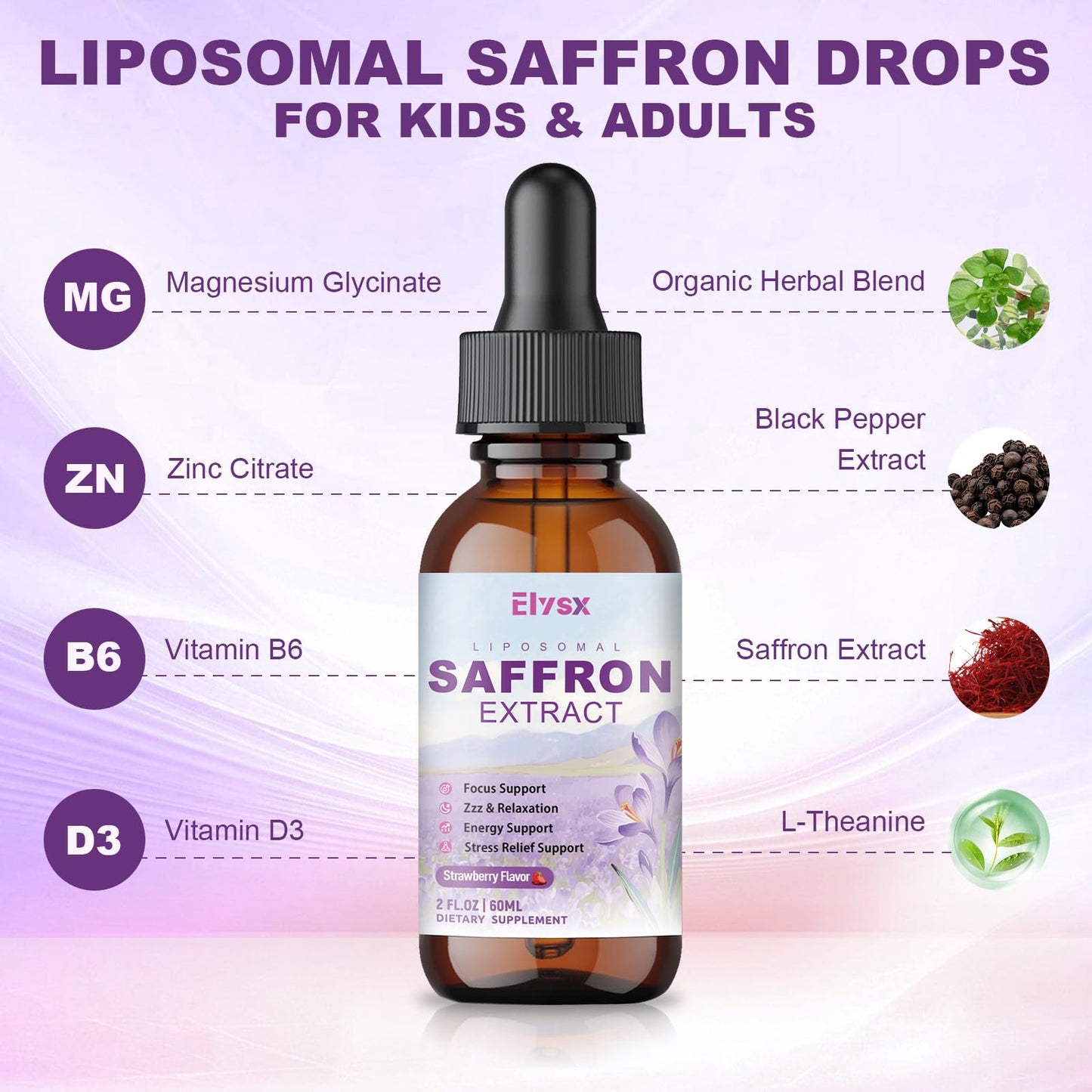 Liposomal Saffron Drops for Kids & Adults – Strawberry (2oz) | Organic Saffron, L-Theanine