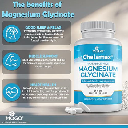 Chelamax Magnesium Glycinate | Dead Sea Sourced, 200mg Elemental Mg | Sleep & Muscle Health
