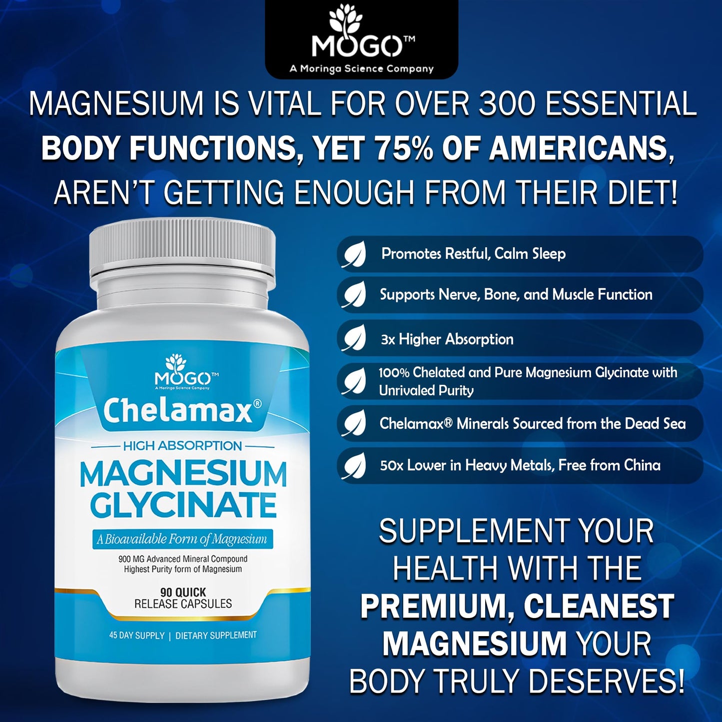 Chelamax Magnesium Glycinate | Dead Sea Sourced, 200mg Elemental Mg | Sleep & Muscle Health