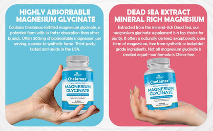 Chelamax Magnesium Glycinate | Dead Sea Sourced, 200mg Elemental Mg | Sleep & Muscle Health