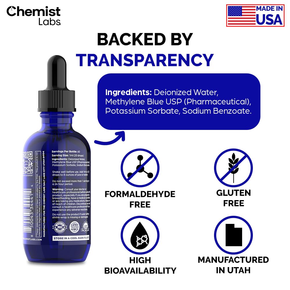 Chemist Labs 1% Methylene Blue Drops – USP Grade, 99% Purity, Made in USA, 2oz