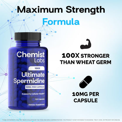Chemist Labs Spermidine Supplements – 100x Formula, 10 mg/capsule, 120 Servings, Vegan, 3rd-Party Tested