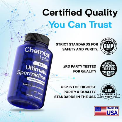 Chemist Labs Spermidine Supplements for Longevity - 5 mg, 120 Servings, Vegan, 3rd-Party Tested