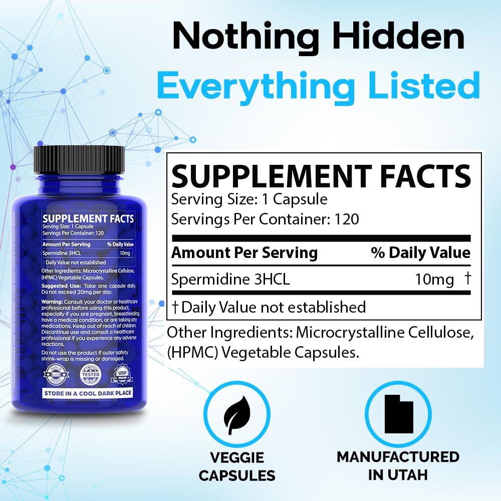 Chemist Labs Spermidine Supplements – 100x Formula, 10 mg/capsule, 120 Servings, Vegan, 3rd-Party Tested