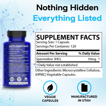 Chemist Labs Spermidine Supplements – 100x Formula, 10 mg/capsule, 120 Servings, Vegan, 3rd-Party Tested