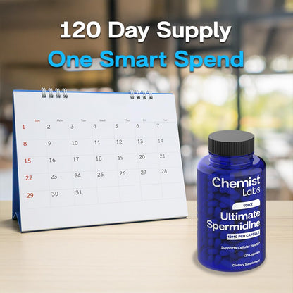 Chemist Labs Spermidine Supplements – 100x Formula, 10 mg/capsule, 120 Servings, Vegan, 3rd-Party Tested