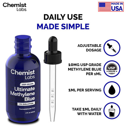 Chemist Labs 1% Methylene Blue Drops – USP Grade, 99% Purity, Made in USA, 2oz