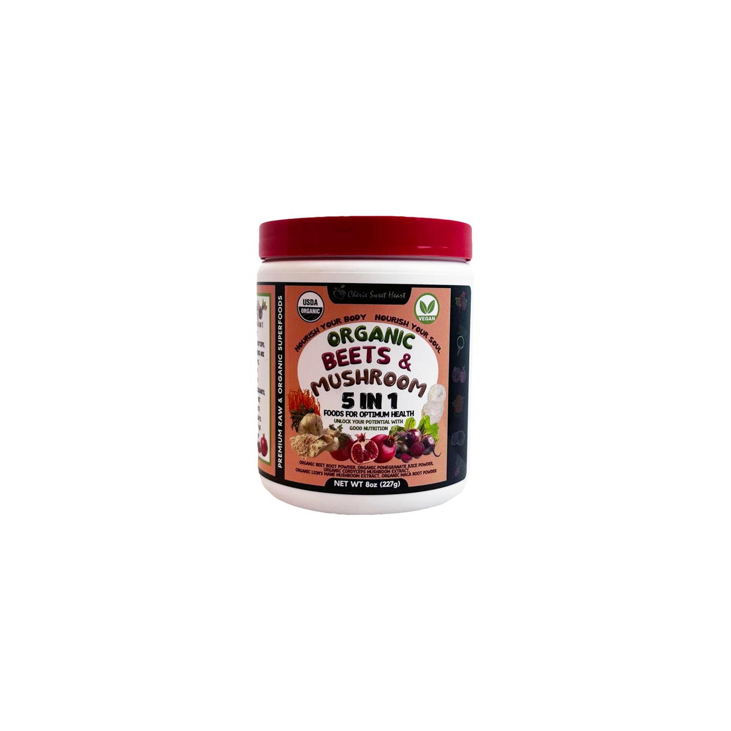 Cherie Sweet Heart Organic Beets & Mushroom 5 in 1 - Beet Root Powder, Mushroom Powder, 8 oz Jar, USDA Organic
