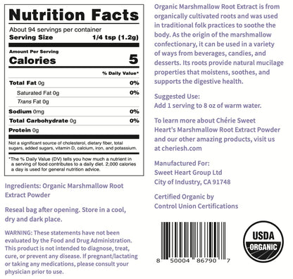 Chérie Sweet Heart USDA Organic Marshmallow Root Powder – Filler Free, No GMOs, Vegan, 4 oz