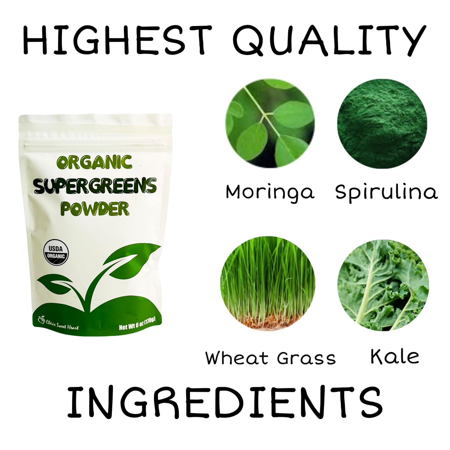 Cherie Sweet Heart Supergreens Powder | Organic Greens & Smoothie Superfood (6 oz, 34 Servings)