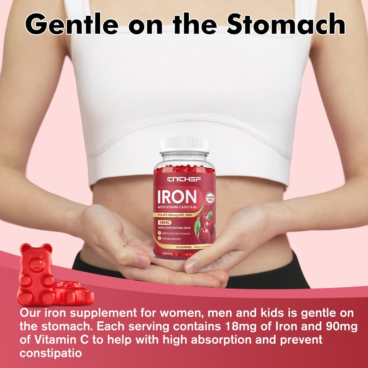 Iron Gummies for Adults & Kids – Cherry Flavor, Ferrous Bisglycinate