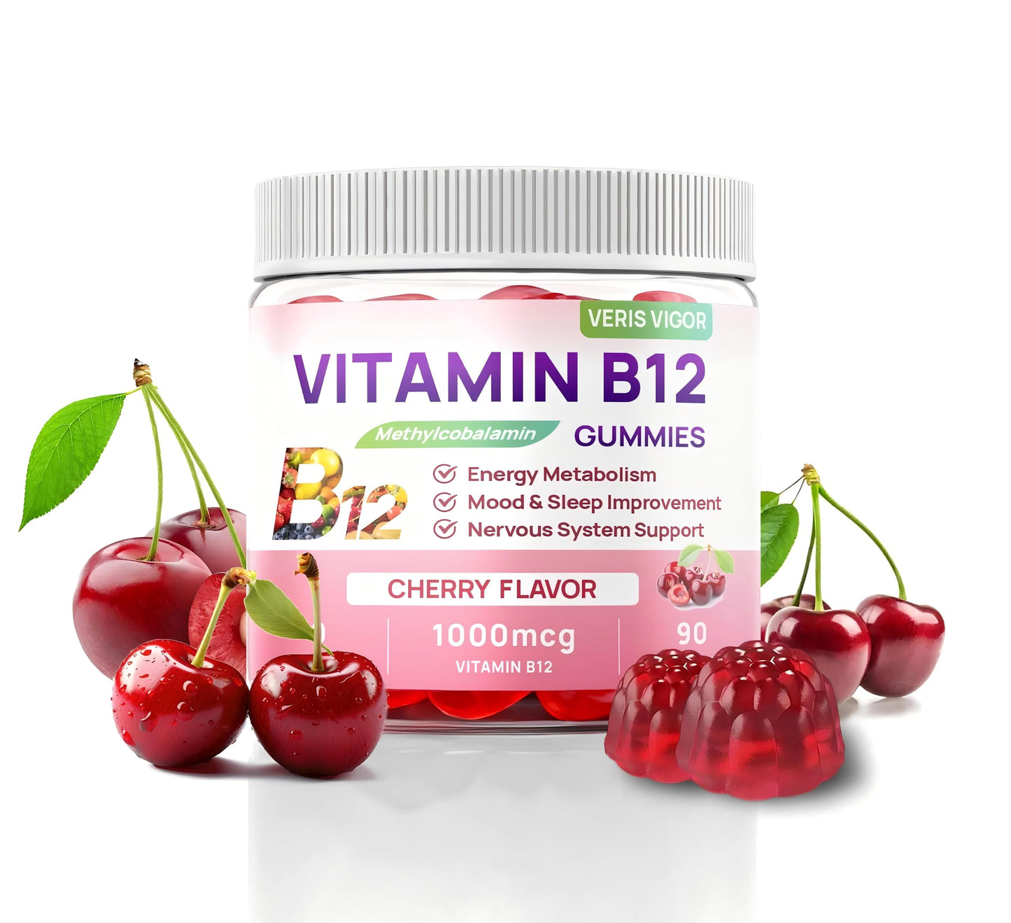 Cherry Flavored Vegan B12 1000 mcg Methylcobalamin | 90 Gummies