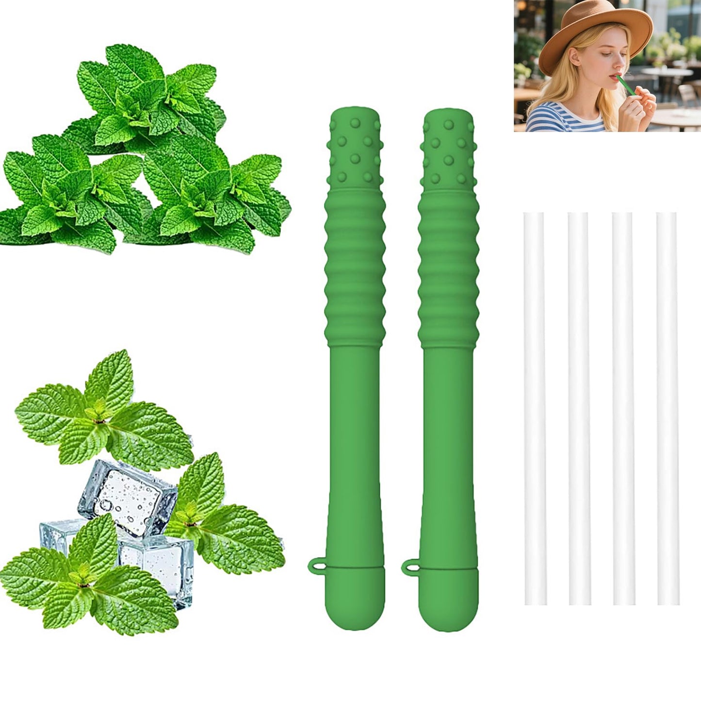Chewable Essential Oil Breath Stick - Mint Flavored (2 Pcs) with 4 Replacement Cores for Travel, Office & Car
