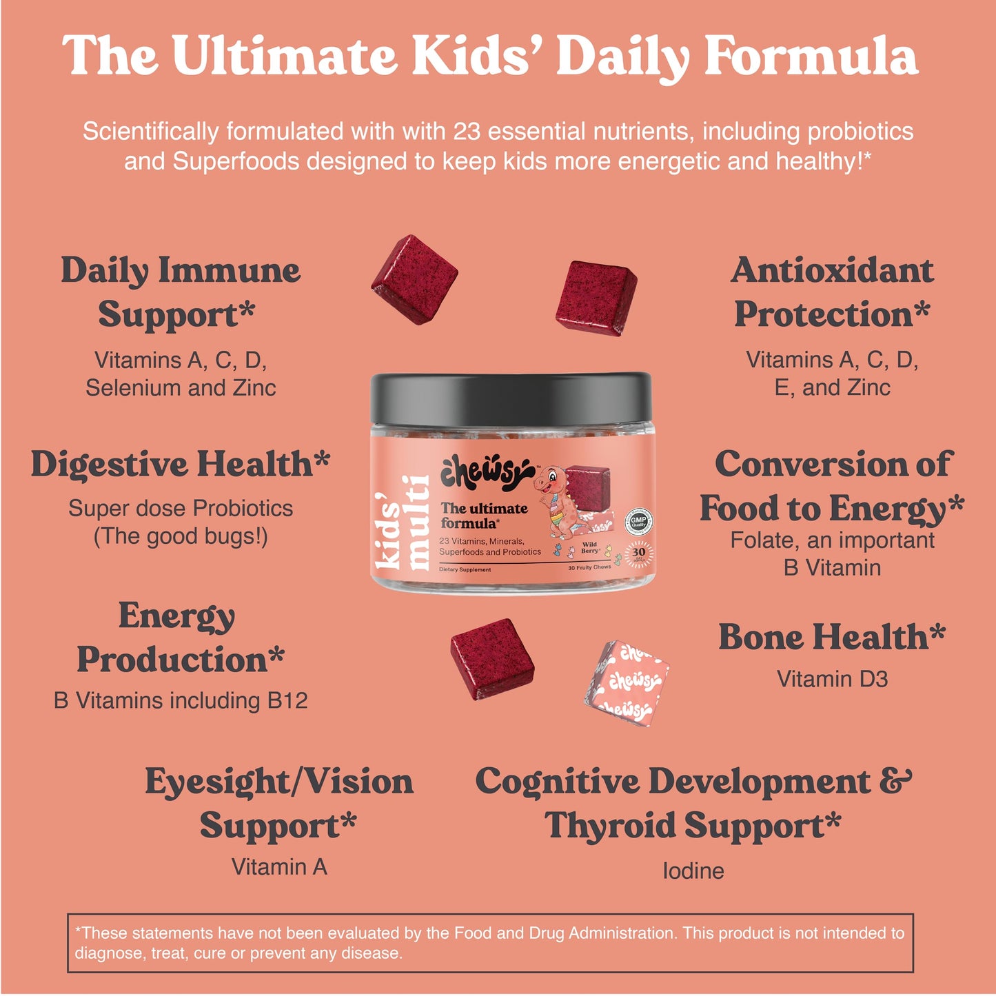 Chewsy Kids’ Multivitamin: Wild Berry Candy-Style Daily Vitamin Chews + Probiotics & Superfoods | 30-Day Supply
