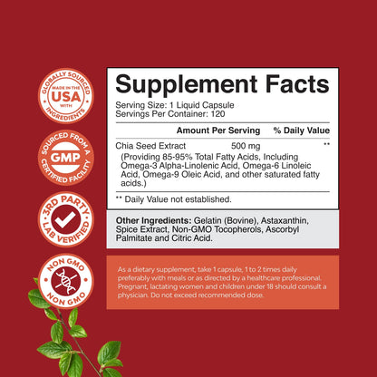 Chia Seed Oil Capsules – Plant-Based Omega 3-6-9 for Heart Health & Digestive Support