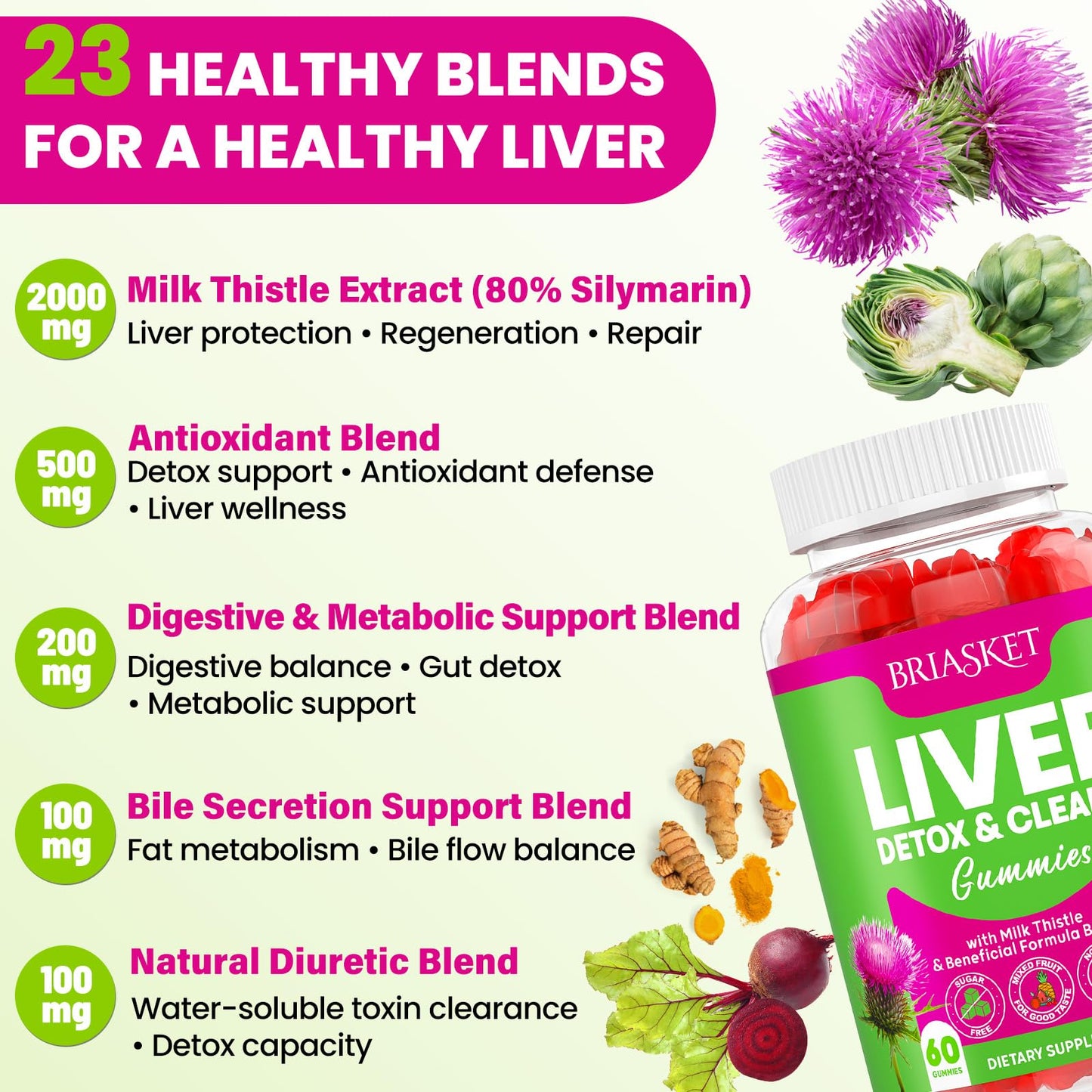 Liver Cleanse Detox Gummies – 2000mg Milk Thistle, 60 Gummies, 23-in-1