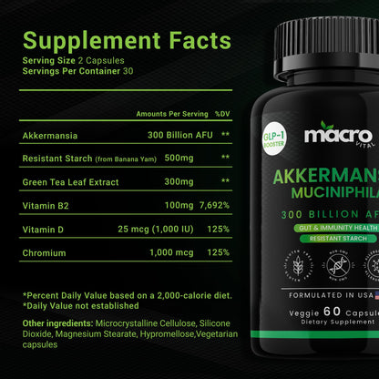 Akkermansia Muciniphila 300B AFU Probiotic for GLP-1 Support | Akka Superbiotics, 60 Veggie Capsules