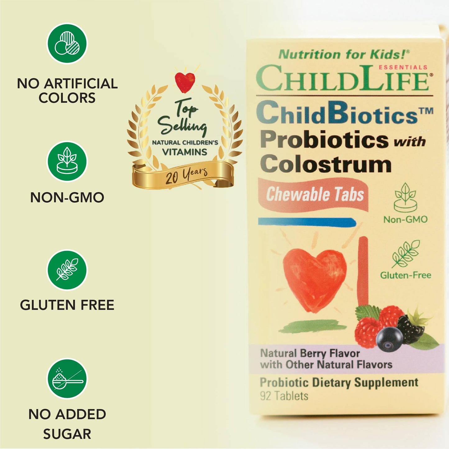 ChildBiotics for Kids with Colostrum – Gluten Free Probiotics (92 Tablets) | Natural Berry