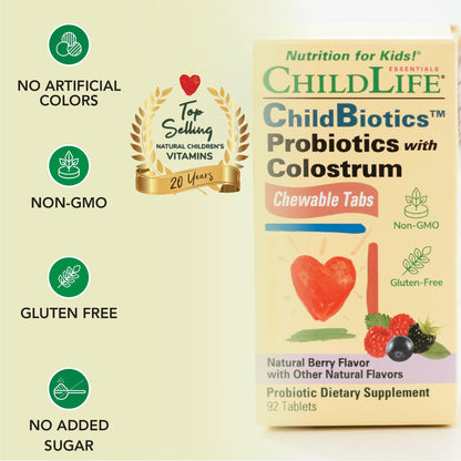 ChildBiotics for Kids with Colostrum – Gluten Free Probiotics (92 Tablets) | Natural Berry