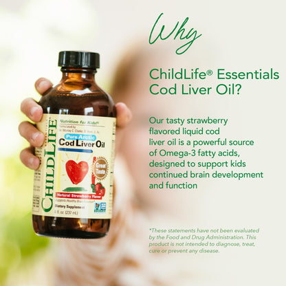 CHILDLIFE Essentials Cod Liver Oil for Kids - Strawberry, 8 fl oz | DHA & EPA Omega-3