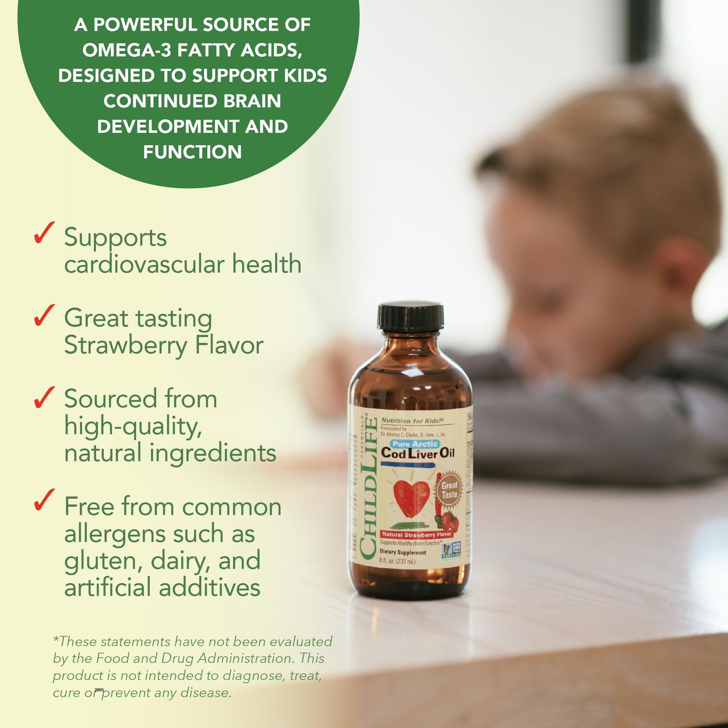 CHILDLIFE Essentials Cod Liver Oil for Kids - Strawberry, 8 fl oz | DHA & EPA Omega-3