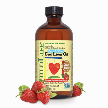 CHILDLIFE Essentials Cod Liver Oil for Kids - Strawberry, 8 fl oz | DHA & EPA Omega-3