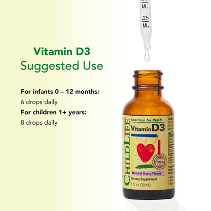 ChildLife Essentials Vitamin D3 Drops for Kids – 500 IU/Drop, 1oz Berry, 3-Pack