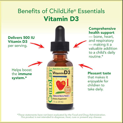 ChildLife Essentials Vitamin D3 Drops for Kids – 500 IU/Drop, 1oz Berry, 3-Pack