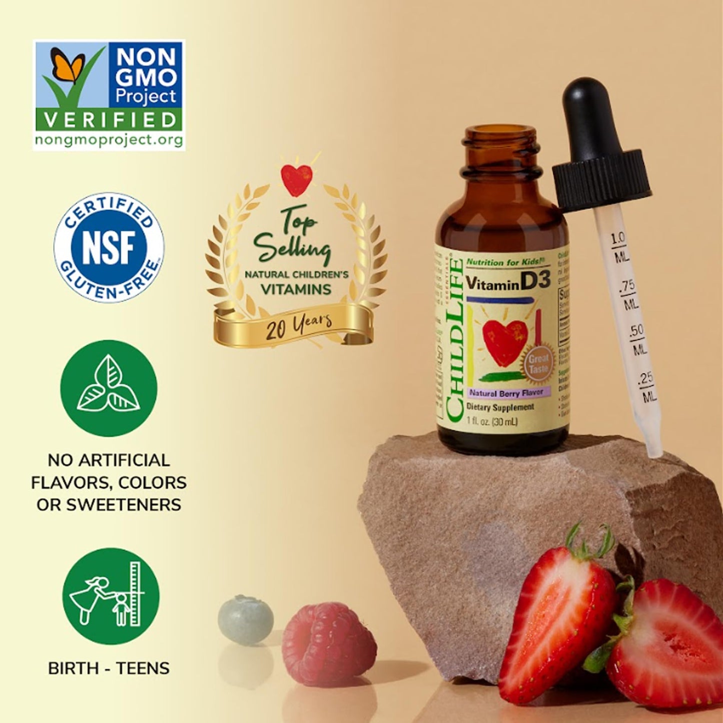 ChildLife Essentials Vitamin D3 Drops for Kids – 500 IU/Drop, 1oz Berry, 3-Pack