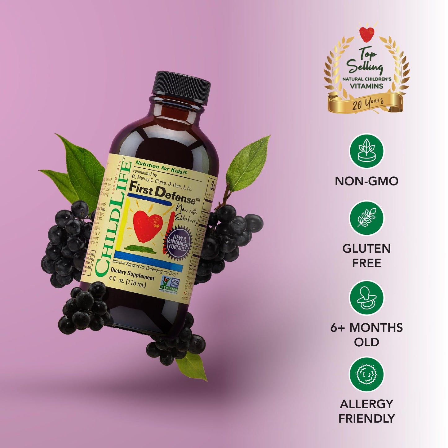 CHILDLIFE ESSENTIALS First Defense - Kids Immune Support with Elderberry & Zinc | Non-GMO, Gluten Free - 4 oz