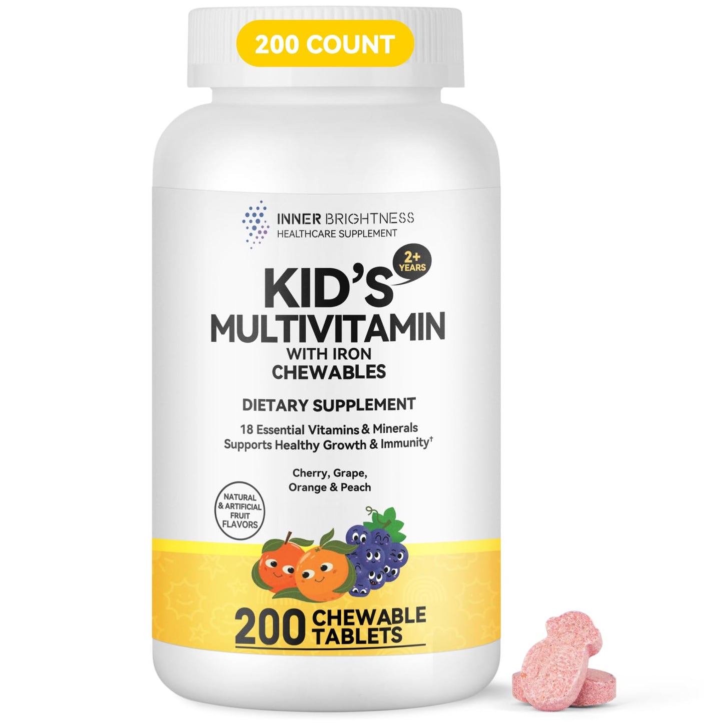 Children's Chewable Multivitamin – 18 Essential Vitamins & Minerals for Kids | 200 Chewables | Vegetarian, Gluten Free, Non-GMO