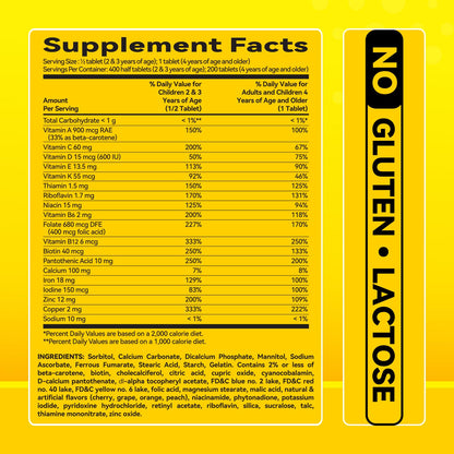 Children's Chewable Multivitamin – 18 Essential Vitamins & Minerals for Kids | 200 Chewables | Vegetarian, Gluten Free, Non-GMO