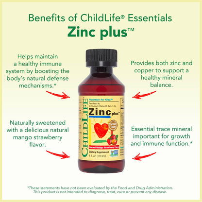 CHILDLIFE ESSENTIALS Zinc Plus for Kids & Toddlers – Immune Support, Mango Strawberry, 4 oz