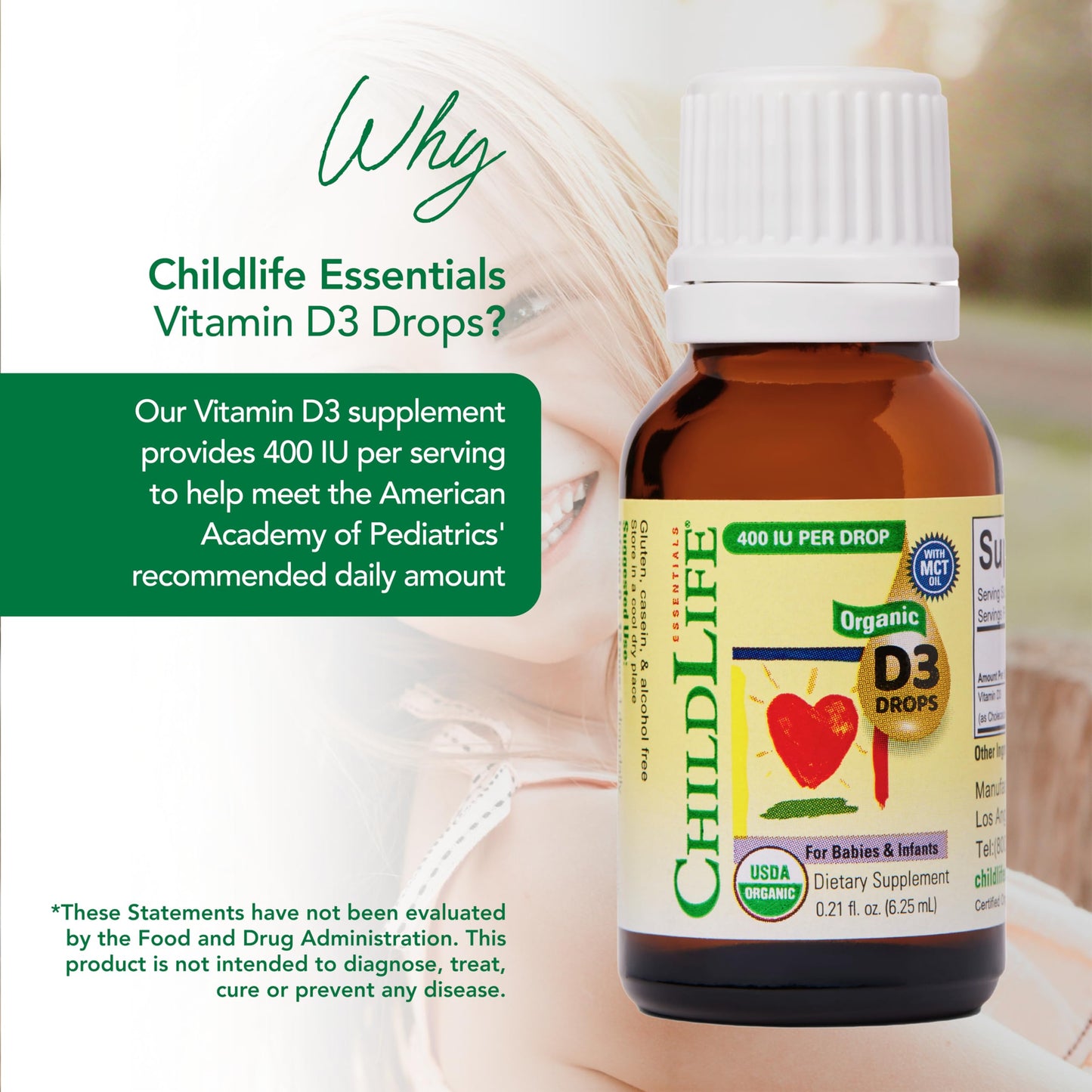 CHILDLIFE Essentials Organic Vitamin D3 Drops for Infants & Newborns – 400 IU/Drop, USDA Organic