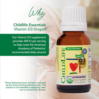 CHILDLIFE Essentials Organic Vitamin D3 Drops for Infants & Newborns – 400 IU/Drop, USDA Organic